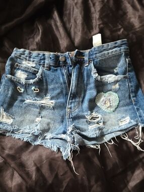 Zara Blue Distressed Denim Shorts with Heart Patch
